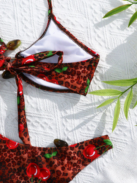 Red Mixed Print Halter Bikini Set