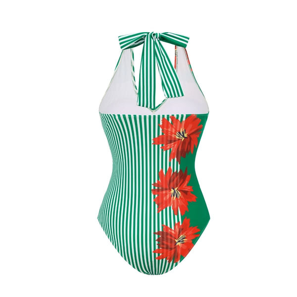 Green Stripes Halter One Piece Swimsuit With Maxi Cover Up