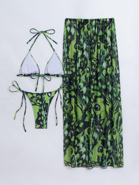 Green Mixed Print Triangle Bikini Set With Beach Skirt