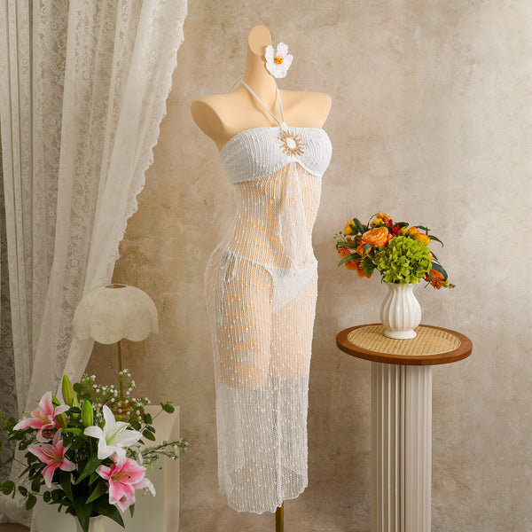 White Solid Mesh Panel Bikini Set