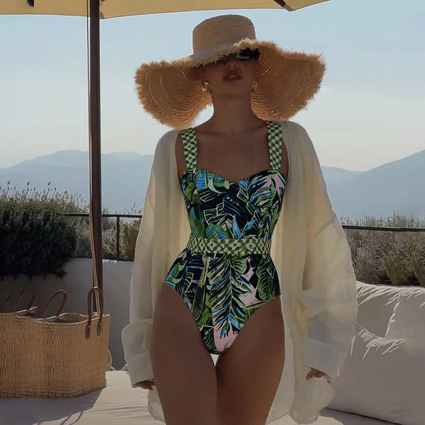 Green Tropical High Cut One Piece Swimsuit With Beach Skirt