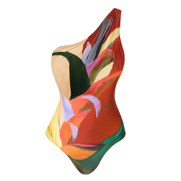 Multicolor Tropical One Shoulder One Piece Swimsuit With Sarong