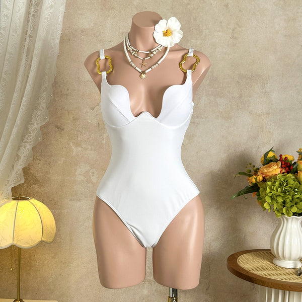 White Solid Deep V One Piece Swimsuit Beach Skirt