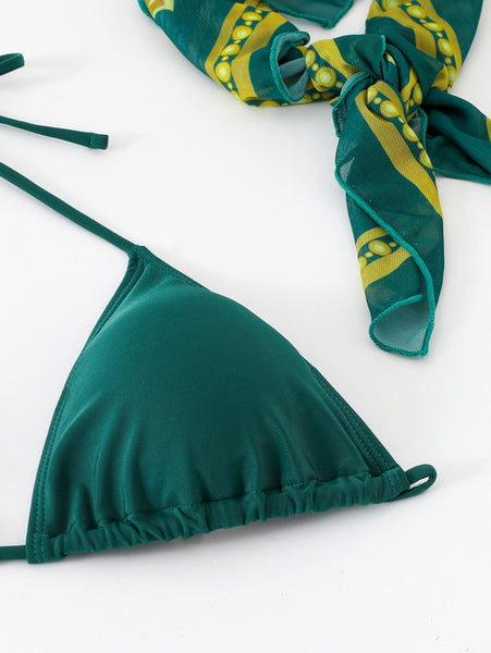 Random Print Halter Neck Four Piece Bikini Swimsuit Green