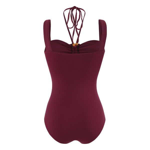 Maroon Solid Cut Out One Piece Swimsuit With Beach Skirt