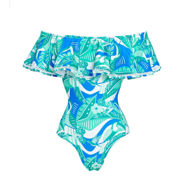 Multicolor Tropical Off Shoulder One Piece Swimsuit With Beach Skirt
