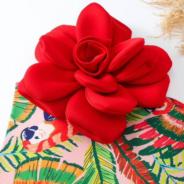 Red Tropical One Shoulder One Piece Swimsuit With Sarong