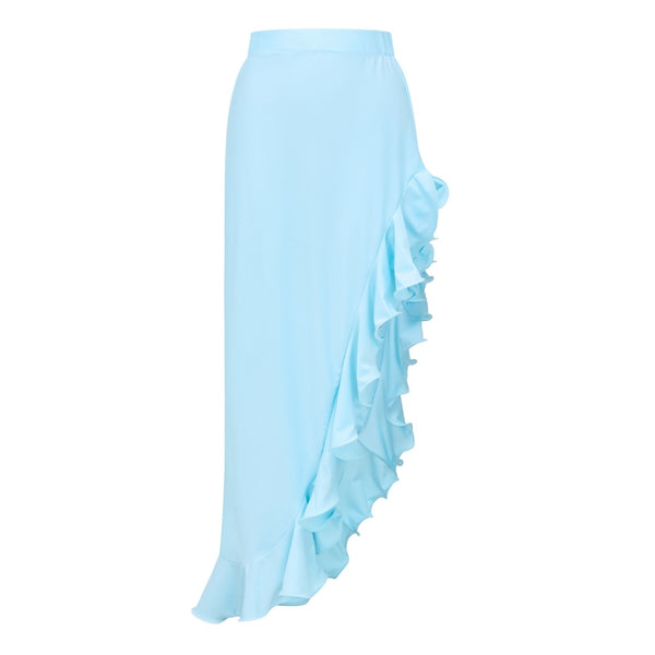 Sky Blue Solid Ruffle One Piece Swimsuit With Beach Skirt