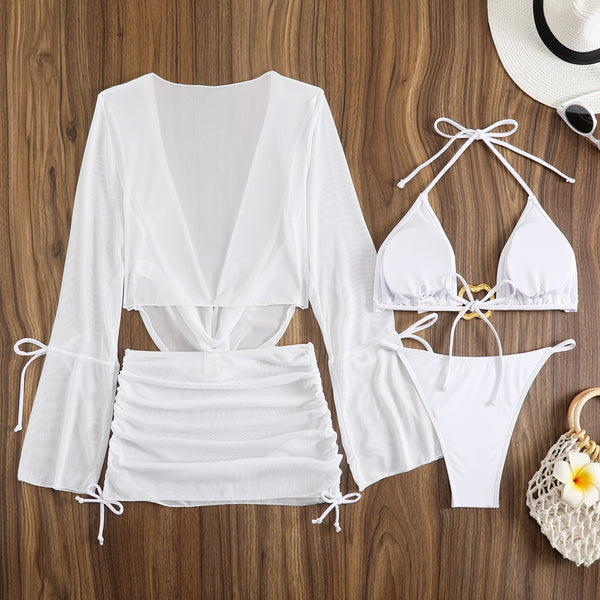 Solid Beachwear Set Bikini with Long Sleeve Cover-Up & Mini Skirt White