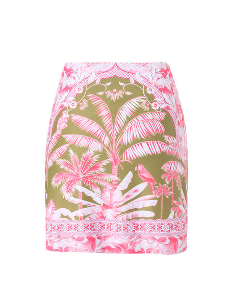 Tropical Print One-Piece Swimsuit Set with Skirt Pink