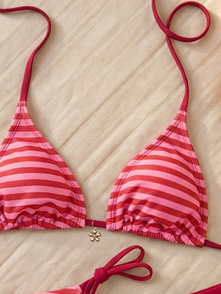 Pink Stripes Halter Bikini Set With Beach Shorts