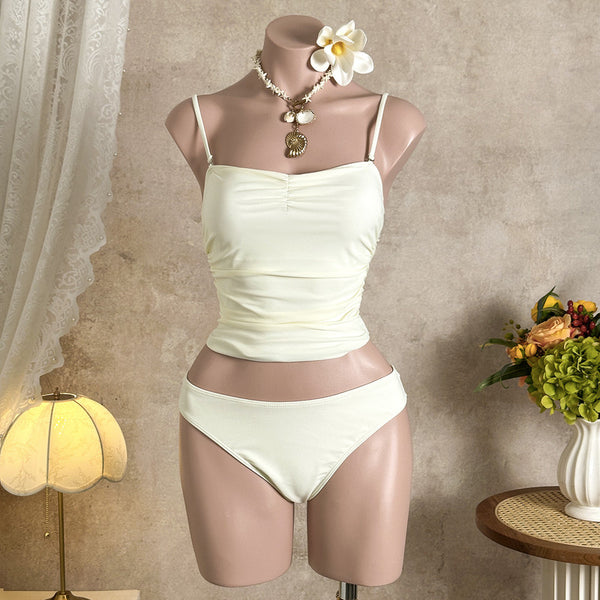 White Solid Crop Top Bikini Set With Beach Skirt