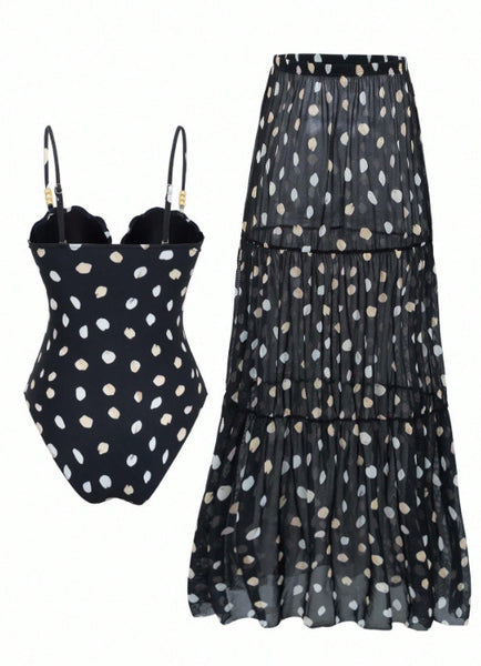 Black Polka Dots Underwire One Piece Swimsuit With Beach Skirt