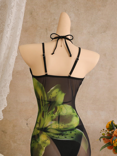Black Tropical Halter Bikini Set With Maxi Cover Up