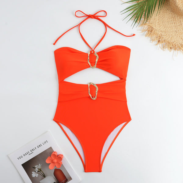 Orange Tropical Cut Out One Piece Swimsuit With Sarong