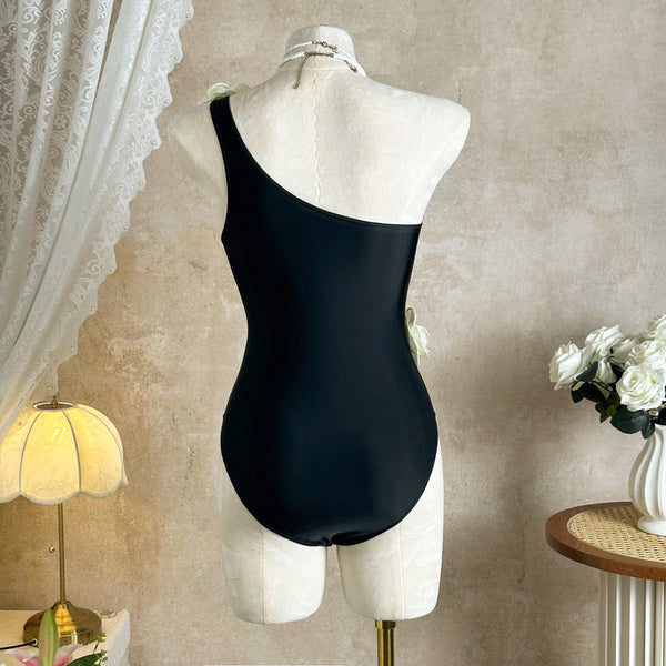 Black Solid One Shoulder One Piece Swimsuit