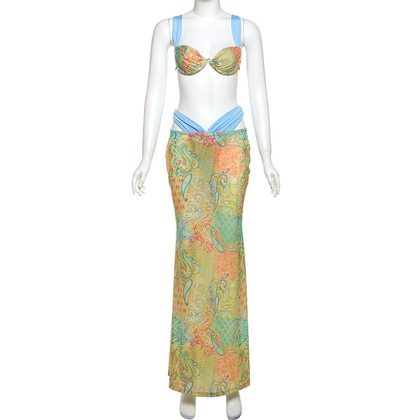 Multicolor Paisley Brazilian Bikini Set With Beach Skirt Without Pads
