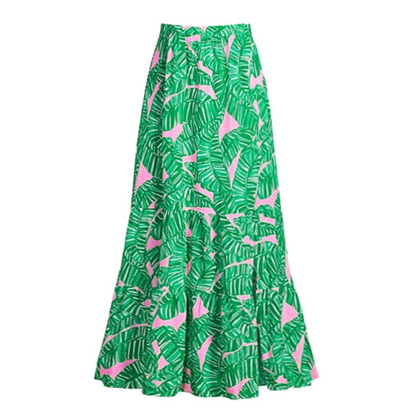 Green Tropical Long Sleeve One Piece Swimsuit With Beach Skirt
