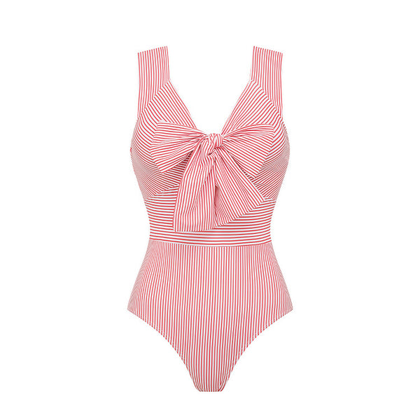 Pink Stripes High Cut One Piece Swimsuit With Beach Skirt