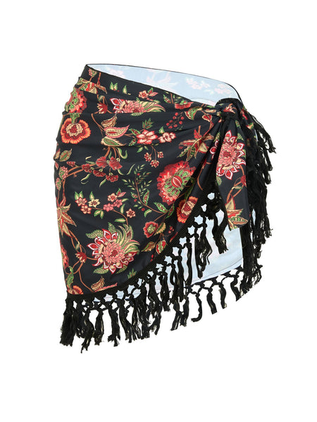 Black Floral Halter One Piece Swimsuit With Sarong
