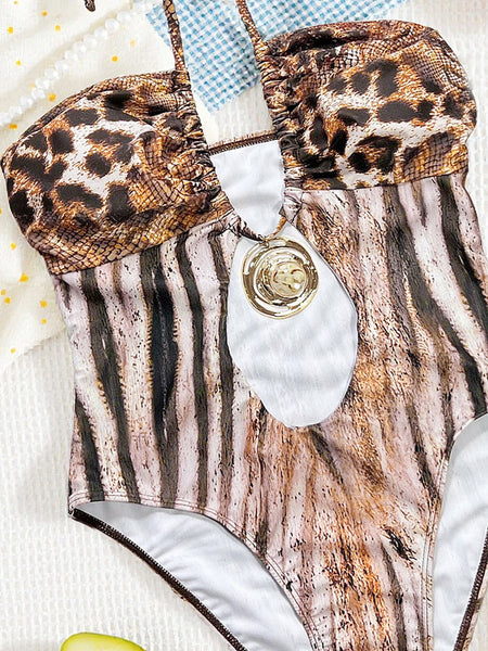Brown Animal Print Cut Out One Piece Swimsuit