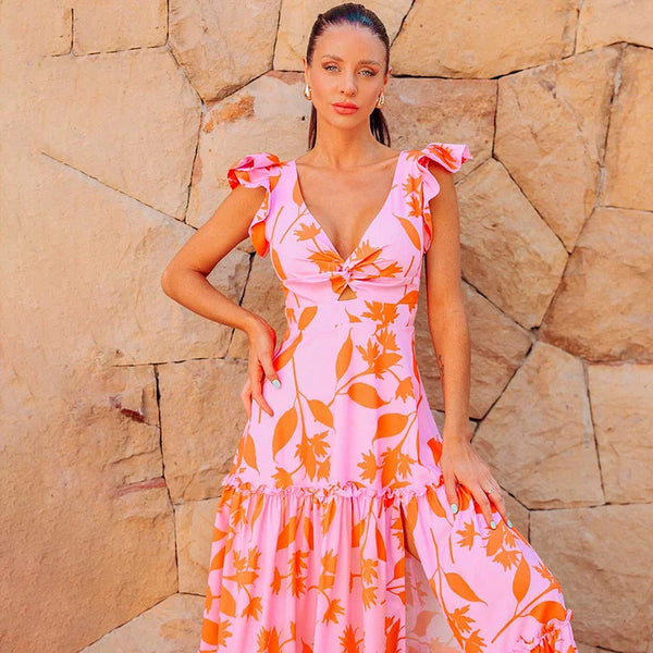 Tropical Print Shoulder Straps One Piece Swimsuit With Cover Up Pink