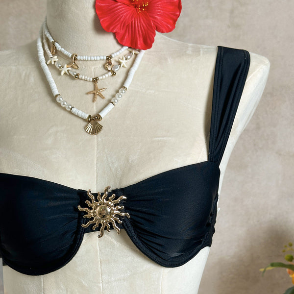 Black Solid Underwire Bikini Set With Beach Skirt