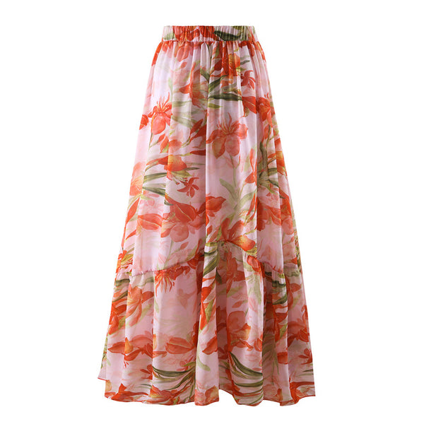 Flower Print Shoulder Straps One Piece Swimsuit With Cover Up Orange