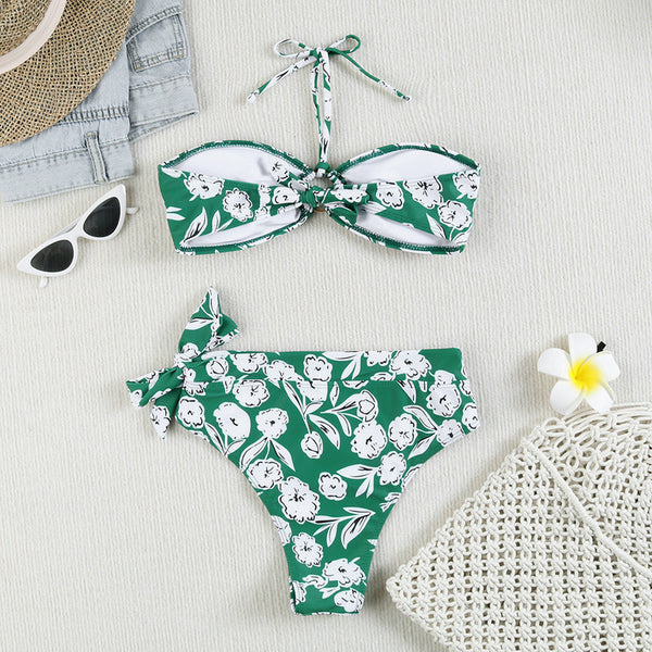 Flower Print Halter Neck Front Ring Two Piece High Waist Bikini Green