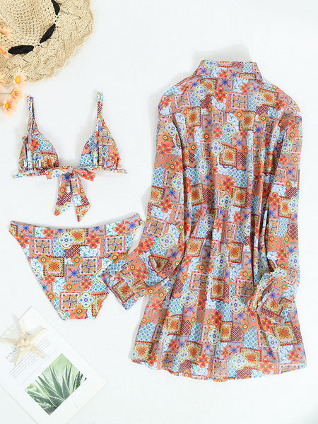 Random Shirt Print V Neck Three Piece Swimsuit Multicolor