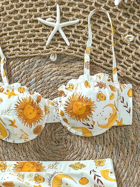 White Marine Print Underwire Bikini Set With Beach Skirt