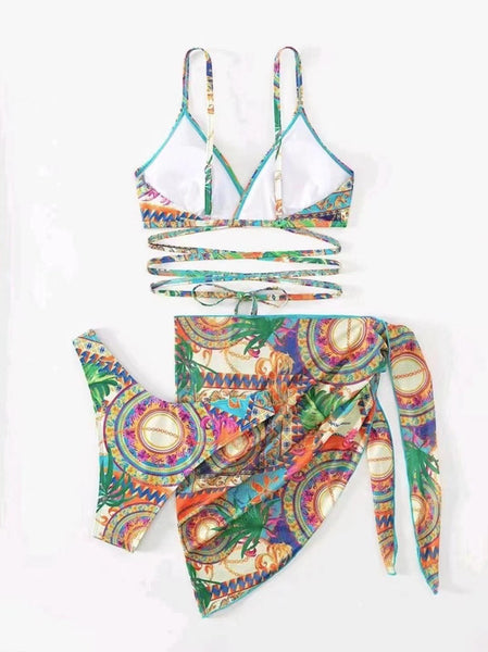 All Over Print Bikini Set Lace Up Backless Triangle Bra with Bottom And Tie Front Beach Skirt 3 Piece Swimsuit Green