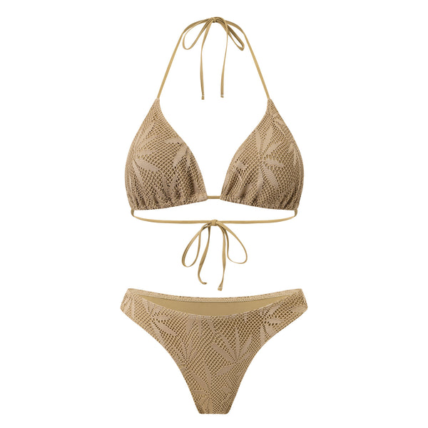 Brown Mesh Print Halter Bikini Set With Maxi Cover Up