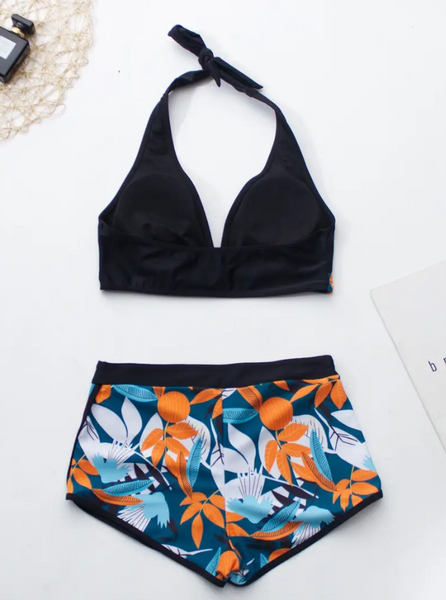 Black Tropical Leaf Print Tie Bikini and Boardshorts