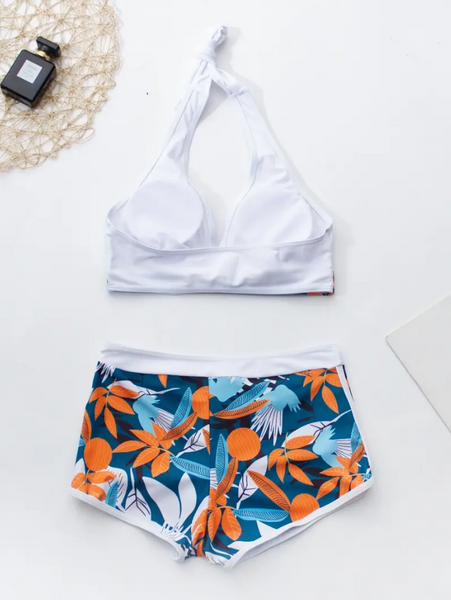 White Tropical Leaf Print Tie Bikini and Boardshorts