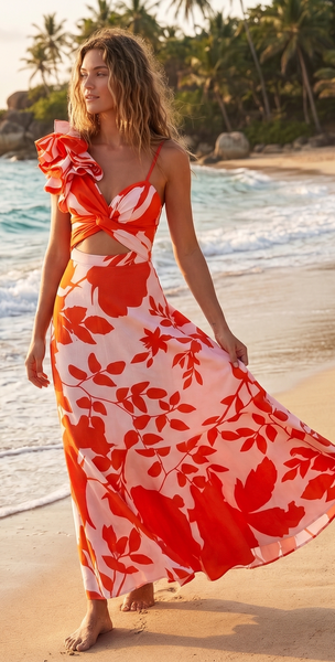 Tropical Print Shoulder Straps One Piece Swimsuit With Cover Up Orange
