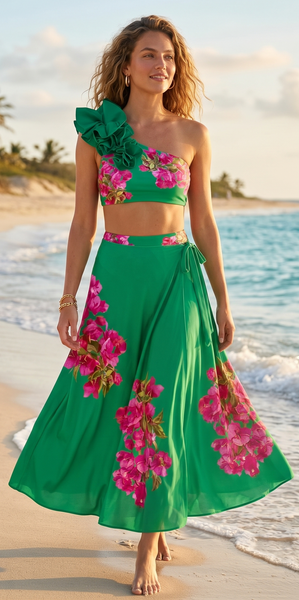 Flower Print One Shoulder Two Piece Swimsuit With Cover Up Green