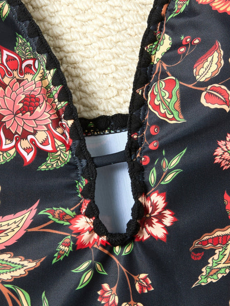 Black Floral Halter One Piece Swimsuit With Sarong