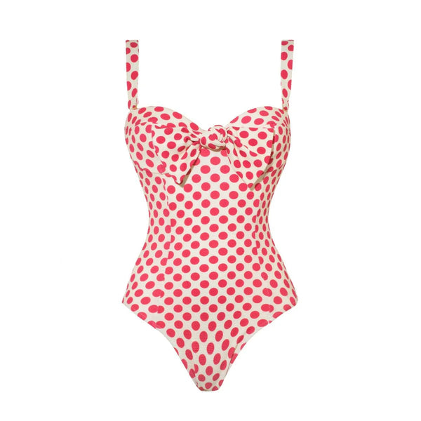 Red Polka Dots Tie Front One Piece Swimsuit With Maxi Cover Up