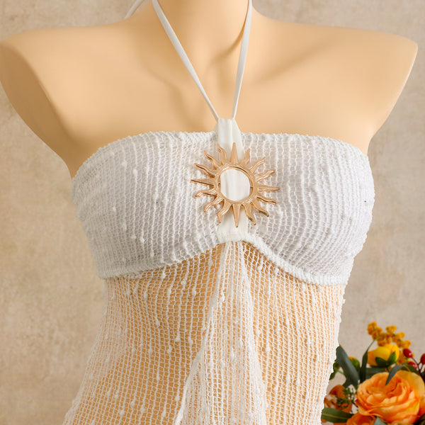 White Solid Mesh Panel Bikini Set