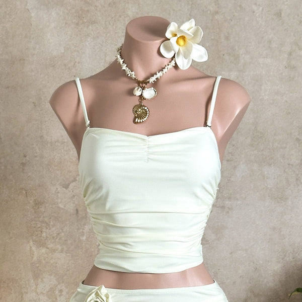 White Solid Crop Top Bikini Set With Beach Skirt