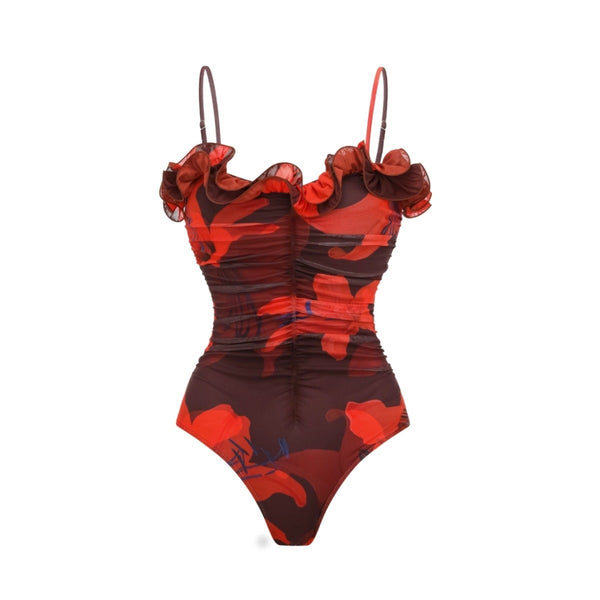 Red Floral Ruffle One Piece Swimsuit With Beach Skirt