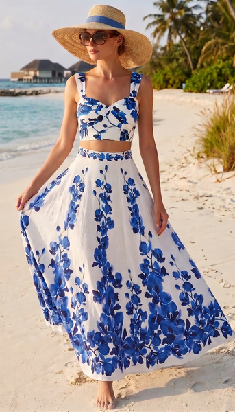 Blue Floral High Waisted Bikini Set With Maxi Cover Up