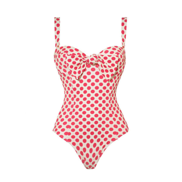 Red Polka Dots Tie Front One Piece Swimsuit With Maxi Cover Up