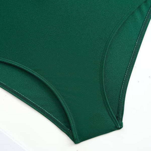 Green Solid High Waisted Bikini Set With Beach Skirt