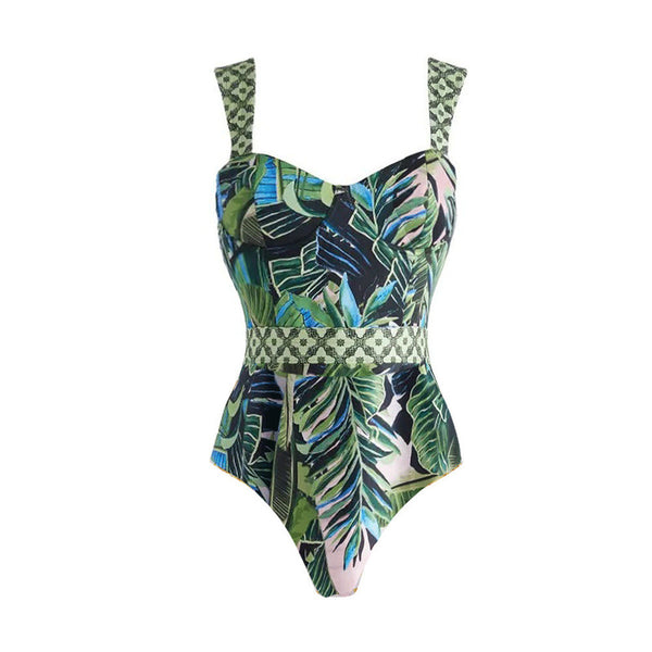 Green Tropical High Cut One Piece Swimsuit With Beach Skirt