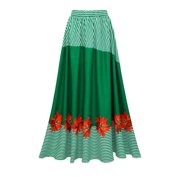 Green Stripes Halter One Piece Swimsuit With Maxi Cover Up