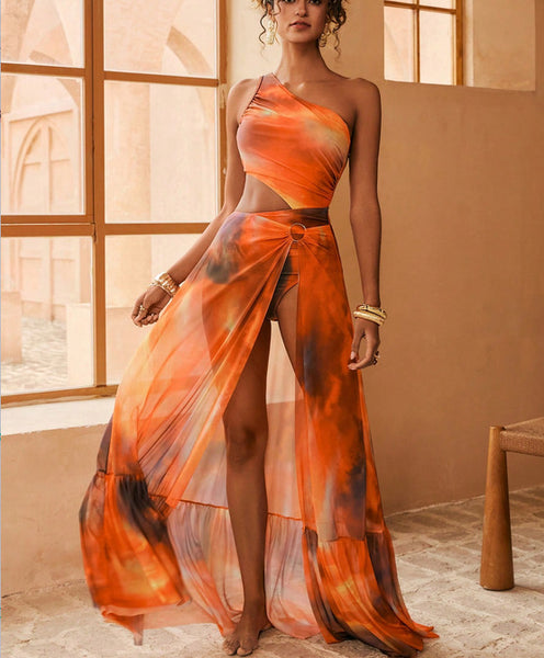 Orange Gradient One Shoulder One Piece Swimsuit With Beach Skirt