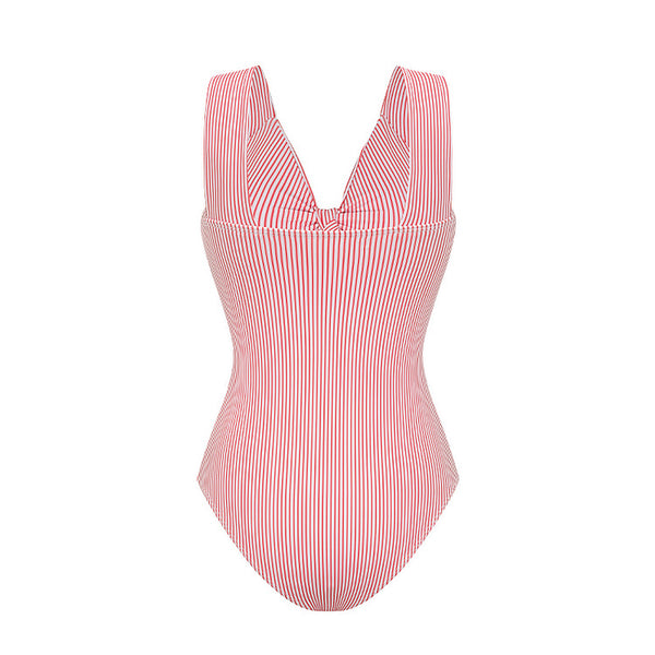 Pink Stripes High Cut One Piece Swimsuit With Beach Skirt