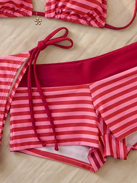 Pink Stripes Halter Bikini Set With Beach Shorts